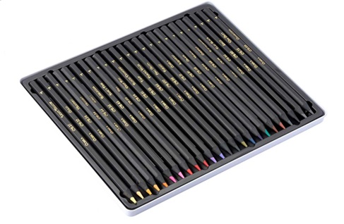 Easily the most notable design feature of Black Widow Colored Pencils are the pencil barrel themselves: they are completely black! Even the inner wood shares this similar deep black color. While Black Widow certainly isn’t the first to incorporate colored barrels into their design, they are definitely one of the few that are taking it to this extreme. Whether you find the all black to be attractive or not is up to personal preference. We think it is really cool! On the barrel of the pencil, there is golf leaf stamping of the brand, color, and color code. One area that we were concerned about (and that we began to experience) is that over time the stamping may be prone to chip or fade. If this does happen, it may become difficult to know what color pencil you are working with. The black wood can help in this regard if the pencil is a lighter color, but for darker colors, the black wood can make it more difficult. You can get a rough idea of this in the image below when trying to decipher the different hues of grays and blacks just based on the color of the tip.